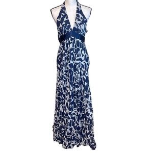 NWT BGMaxazia Blue & Cream Abstract Print Silk Halter Maxi Dress Event Vacation